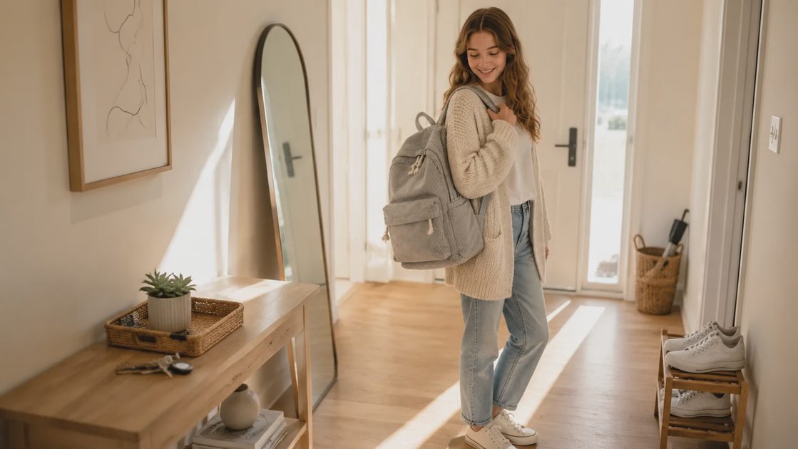 A teenage girl standing in a bright hallway, holding a corduroy backpack identical to the product image, looking down with a pleased expression, fresh morning atmosphere