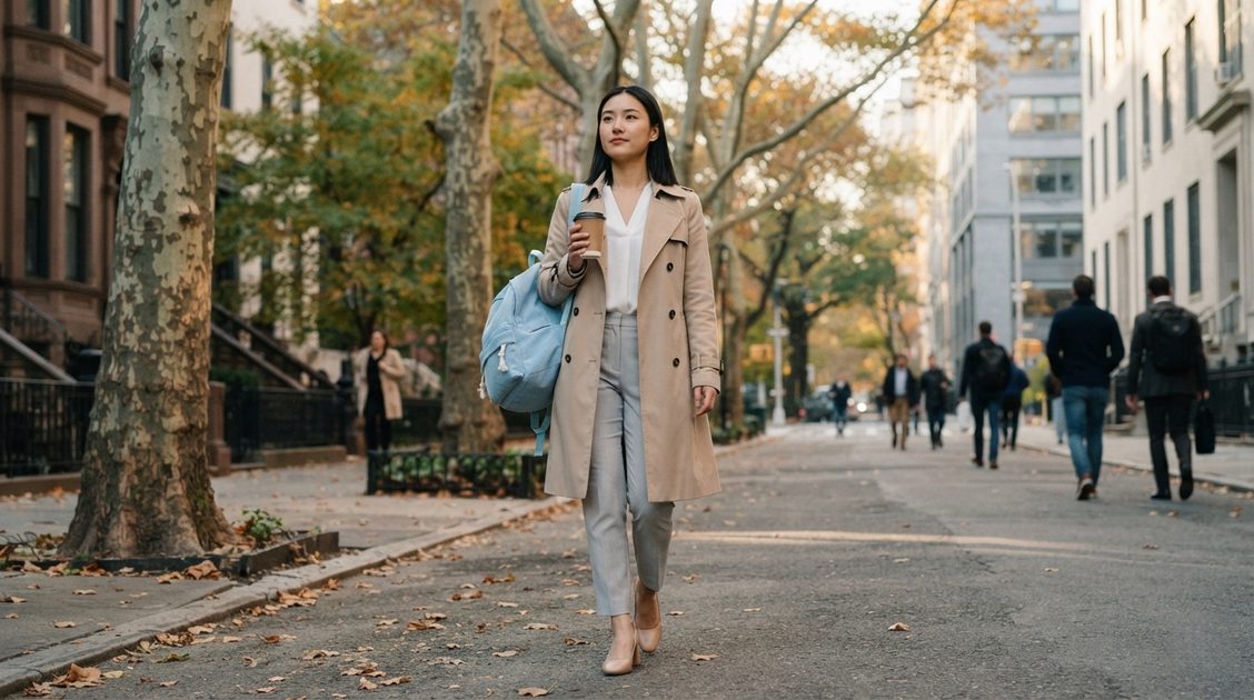 A young professional woman in a beige trench coat walking on a tree-lined city street with a corduroy backpack slung over her shoulder, soft autumn morning light