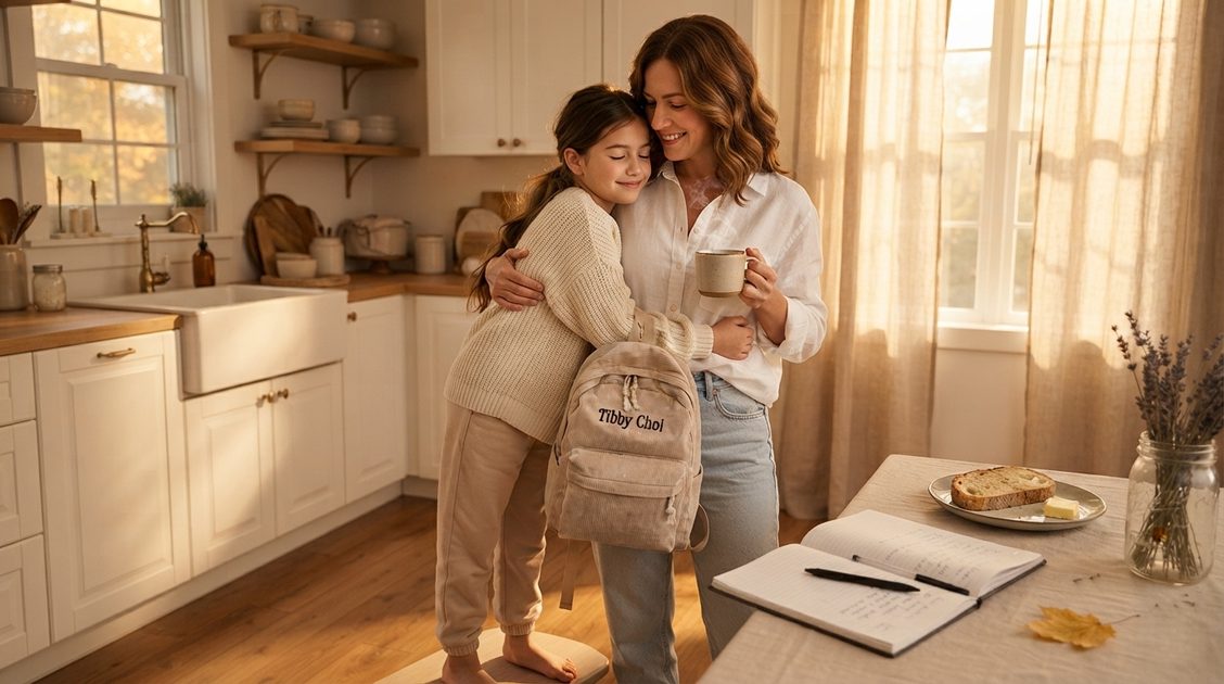 A girl hugging her mother in a sunlit kitchen, holding a custom embroidered corduroy backpack identical to the product image, warm cozy autumn morning atmosphere